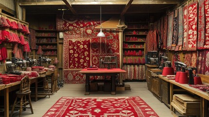 A craftsman's workshop filled with red felt fabric, Fez hat patterns, and sewing machines.