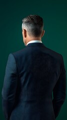 A lawyer in a suit, with a smooth dark green background