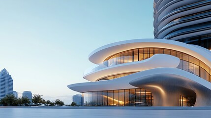 Fototapeta premium Ultrafuturistic skyscraper, curved glass facade, hightech design, 3D illustration