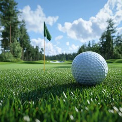 Obraz premium Golf ball on green with flag and trees in background, perfect for sports ads