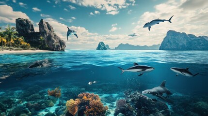 Fototapeta premium Tropical ocean view with sharks and colorful coral reef in crystal clear water