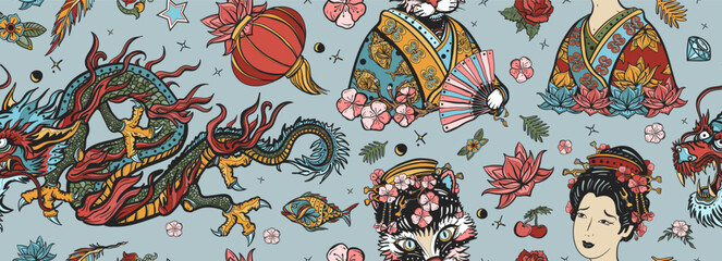 Asian background. Chinese dragon, emperor, geisha cat, queen in traditional costume, fan, red lantern, lotus flower. China seamless pattern. Old school tattoo style. Ancient history and culture