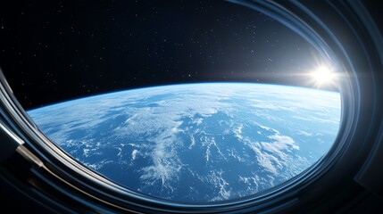 Spaceship window, Earth from orbit, 3D illustration