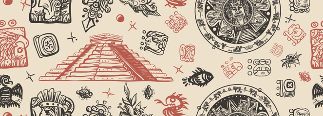 Mayan pattern. Ancient mexican civilization, pyramids. Aztec Mayan calendar, inca background