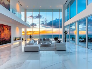 Ultraluxury penthouse with marble floors, custom designer furniture, and an infinity window, opulent modern lifestyle
