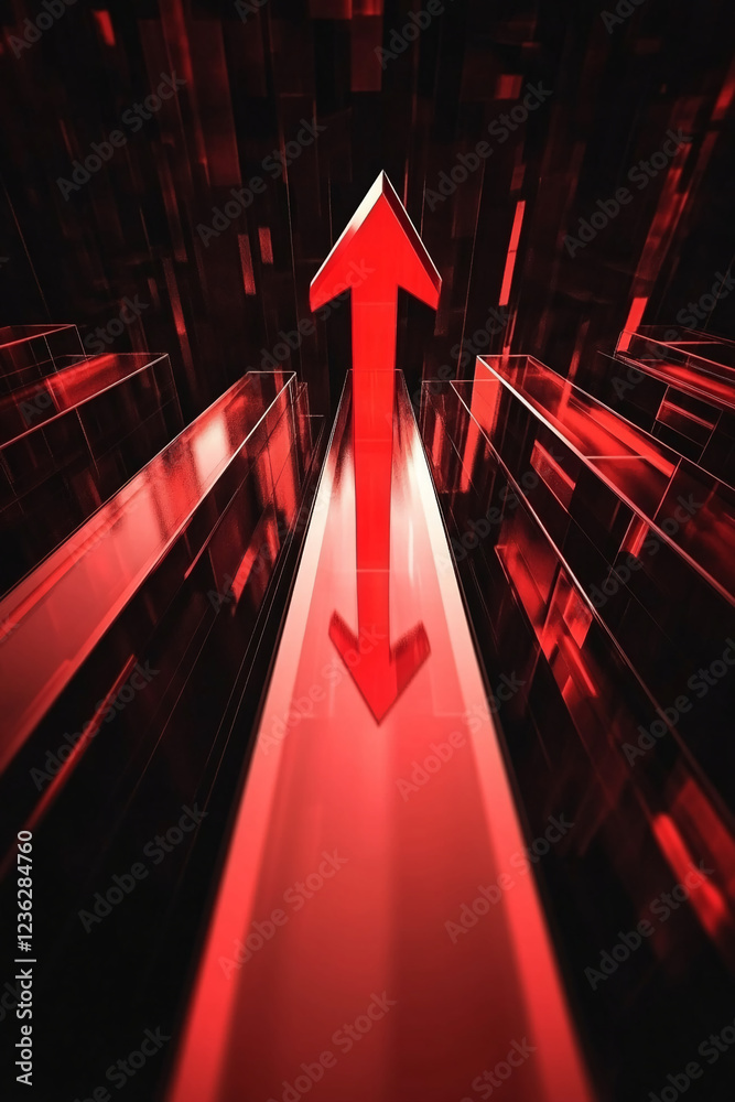 Poster red 3d arrow pointing upwards with a sleek glass-like design, representing business growth, success,