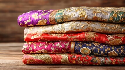 A stack of vibrant silk sarees with intricate gold embroidery, neatly folded on a wooden surface.