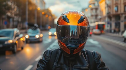 A motorcyclist wearing a helmet with a mirrored visor.