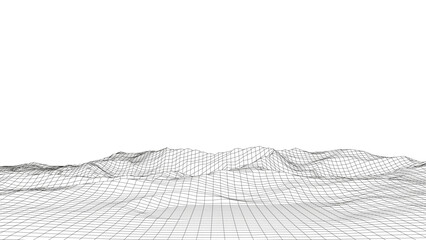 Technology perspective grid with mountain landscape background. Vector digital space wireframe landscape. Black mesh on a white background