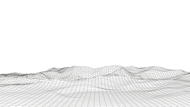 Technology perspective grid with mountain landscape background. Vector digital space wireframe landscape. Black mesh on a white background