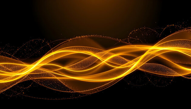 Abstract, golden light trails, flowing energy, dynamic curves, glowing streaks, black background, particle effects, luminous waves, futuristic, ethereal, motion blur, cosmic, digital art, vibrant oran