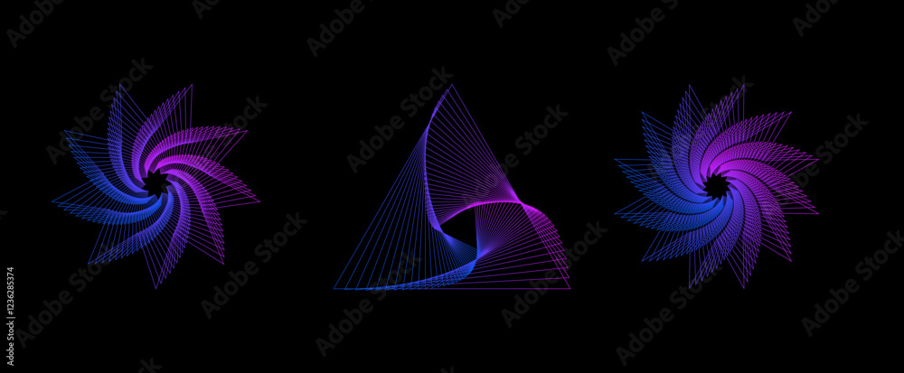 Poster vector set of twisted colors geometry figures. spirals fractal element. sacred geometry with lines a