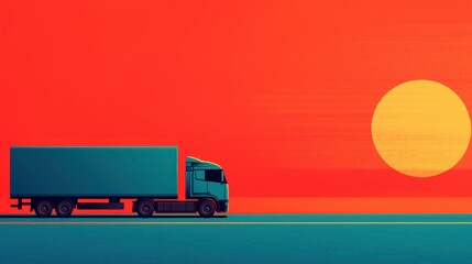A silhouetted truck drives along a highway at sunset, with vibrant red and orange hues illuminating the sky and reflecting on the road.