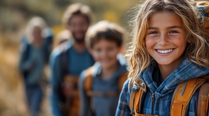 Girl smiles, hiking family autumn trail, travel brochure
