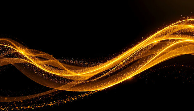 Abstract, golden light trails, flowing energy, dynamic curves, glowing streaks, black background, particle effects, luminous waves, futuristic, ethereal, motion blur, cosmic, digital art, vibrant oran