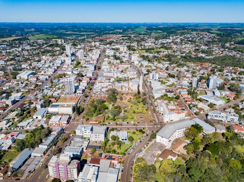 Tr&ecirc;s Passos, aerial view of the main church, central square and city center of Tr&ecirc;s Passos, Rio Grande do Sul