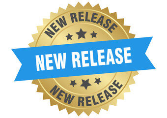 new release. new release round blue and gold label isolated on transparent background