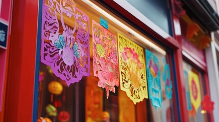 A colorful street scene with traditional paper cuttings displayed on windows for the Lunar New Year