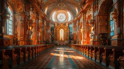 Elaborate Baroque church interior with golden altars, intricate carvings, and wooden pews.