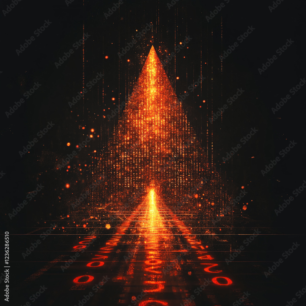 Poster Abstract glowing pyramid formed by digital binary data, symbolizing technology, innovation, and data processing in a futuristic concept.