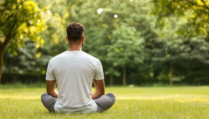 Fototapeta premium A person sitting cross-legged in a serene park, meditating amidst lush greenery and trees, promoting peace and mindfulness.
