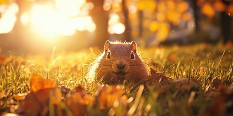 Squirrel peers from grass amidst fall leaves, sunlit, for nature imagery.