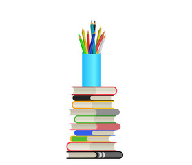Fototapeta premium illustration A pile of colorful books with a pencil case on top
