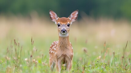 Fawn in meadow, summer forest background, nature wildlife
