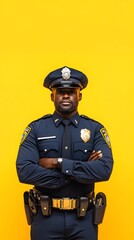 Obraz premium A police officer in uniform, standing with a clean soft yellow background