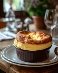 Fluffy Cheese Soufflé Served on a Rustic Wooden Table Setting
