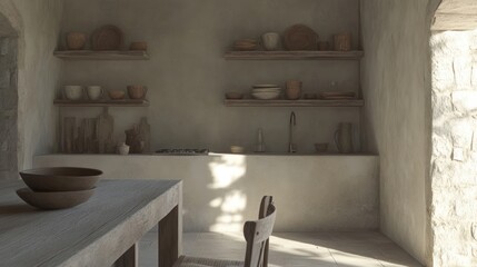 Rustic kitchen shelves pottery sunlit alcove