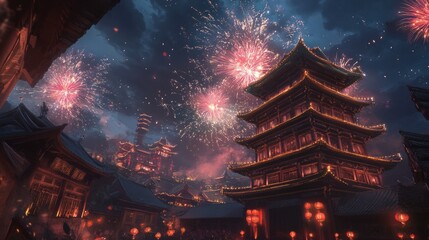 A dazzling display of fireworks lighting up the sky over a traditional Chinese pagoda