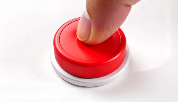 Finger pressing a red button on a white surface.