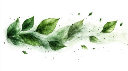 Green leaves watercolor swirl, blowing, white background, design element