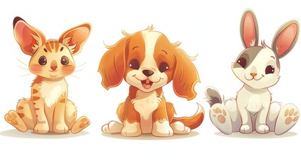A cartoon cat, dog, and rabbit.