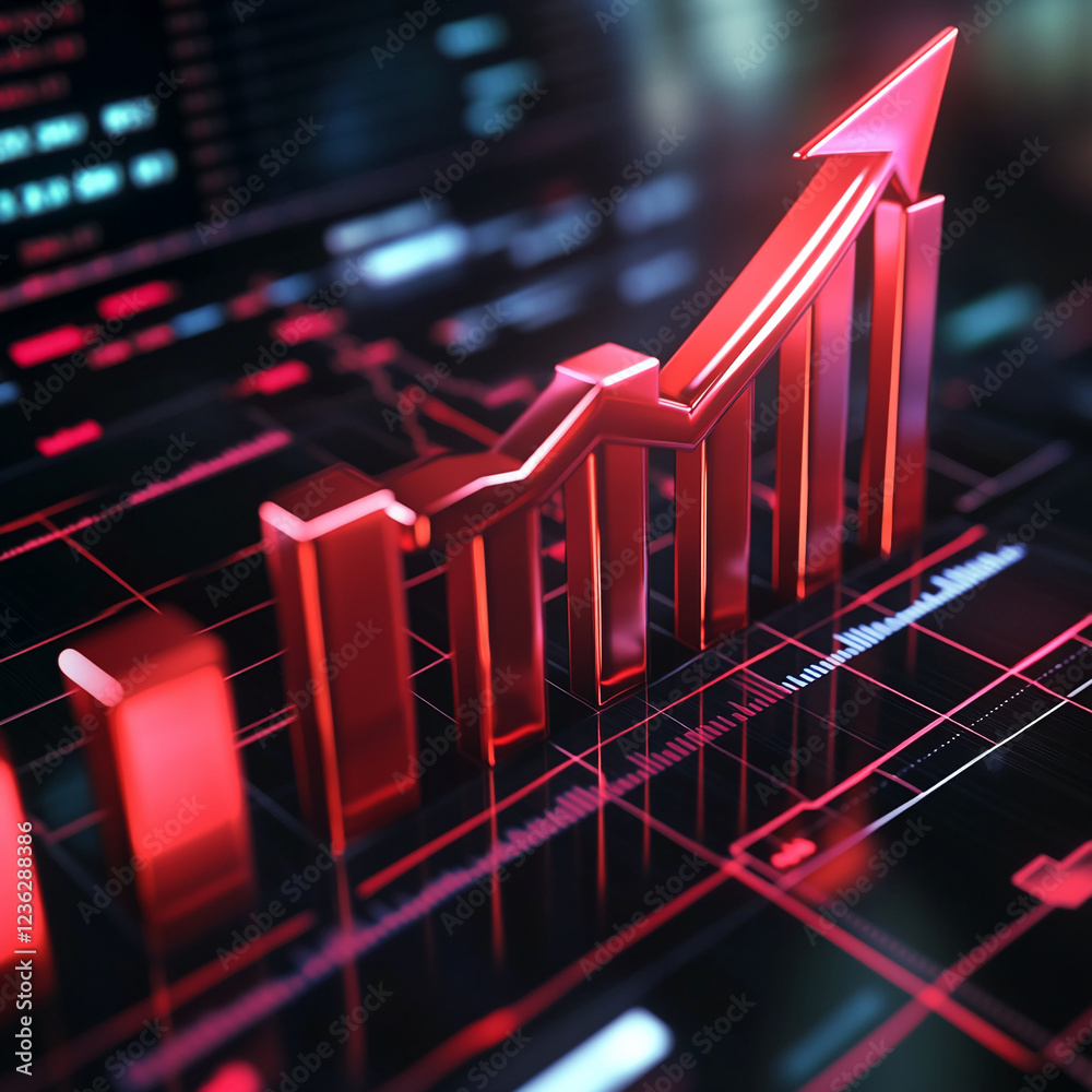 Poster a close-up of a red upward trending graph with bars on a digital screen, symbolizing business growth