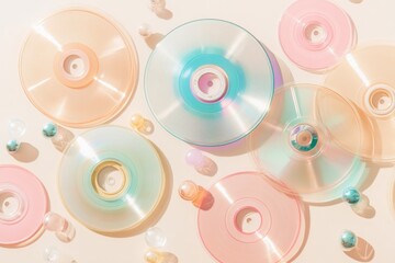 Colorful CDs Scattered on a Pastel Background Featuring Bold Geometric Patterns Creating a Minimalistic Aesthetic