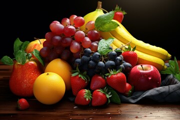 Variety of colorful fresh wet fruits lying on dark wooden table against black background