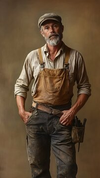 A carpenter in work attire, posed against a muted tan background