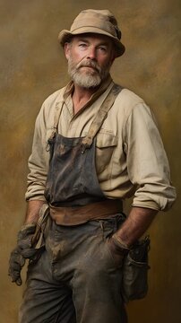 A carpenter in work attire, posed against a muted tan background