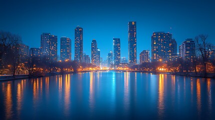 Fototapeta premium Cityscape reflection, lake, twilight, buildings, urban, night, winter, park, cityscape, panorama