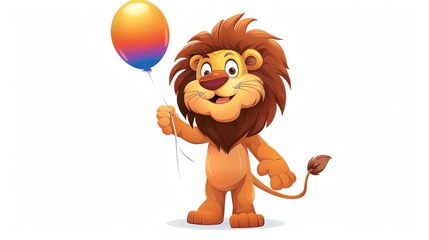 Fototapeta premium A cartoon lion holding a colorful balloon.