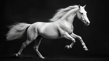 Majestic white horse in motion, dramatic black background