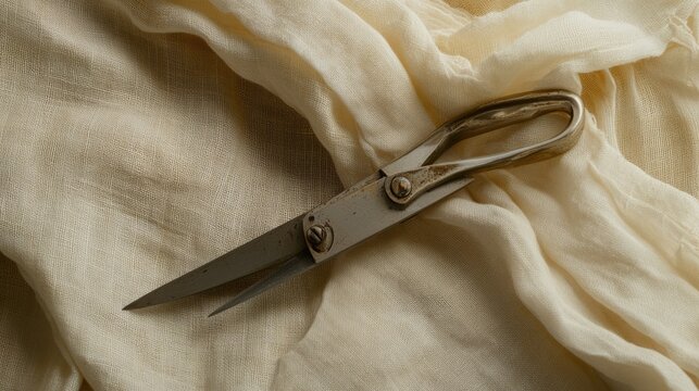 Close-up of tailor's shears slicing through khadi fabric, with soft folds of fabric cascading down.
