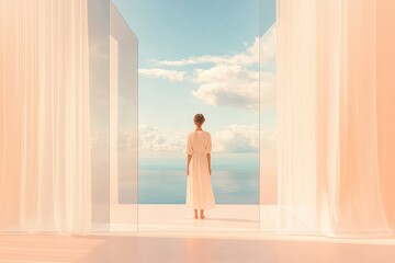 Person Gazing Towards a Tranquil Horizon Through Expansive Glass Windows at Sunrise in a Futuristic Setting