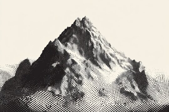 Mountain with halftone dotted texture for grunge collage projects. Distorted retro photocopy background enhancing classic banner and music flyer designs. Perfect for nostalgic creatives