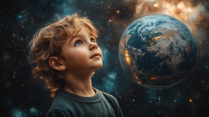 Naklejka premium Child gazing at Earth, space background, wonder, future