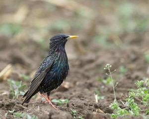 Starling on plowed field with a few green grass blades