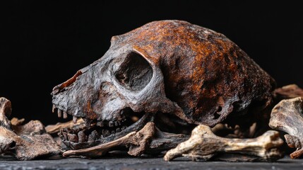 Fototapeta premium Rusty animal skull, bones, dark background, archeological study