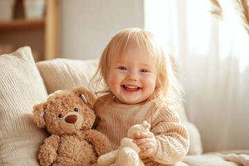 Naklejka premium Smiling Child With Down Syndrome Enjoys Cuddling a Soft Toy While Sitting on a Cozy Sofa in Bright, Neutral Setting